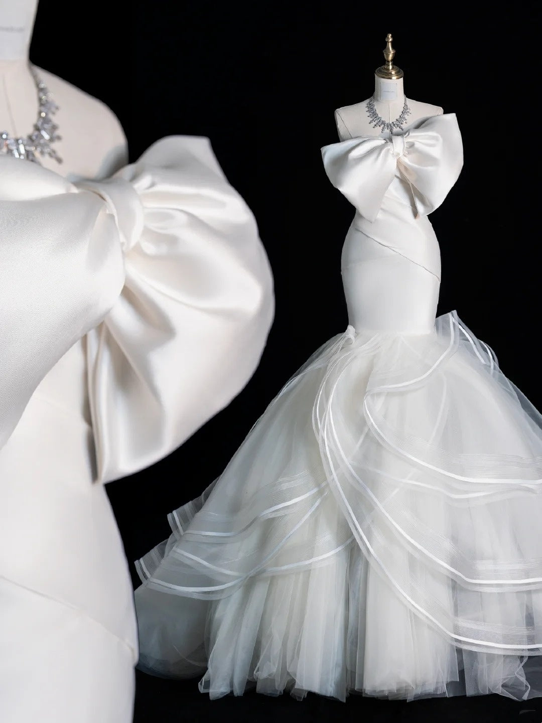Robe de mariée sirène bustier modeste en satin blanc avec nœud papillon, longue robe de mariée féérique d'automne N518