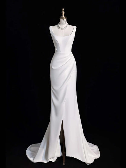Robe de mariée sirène ravissante en satin à col carré et fente, longue robe de mariée féérique d'automne N521