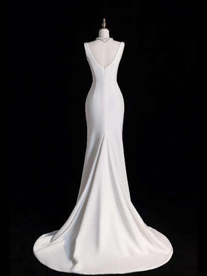 Robe de mariée sirène ravissante en satin à col carré et fente, longue robe de mariée féérique d'automne N521