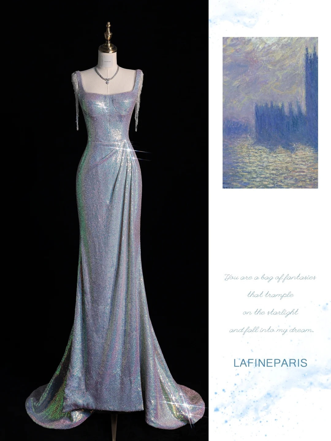 Robe de bal longue à paillettes bleues, col carré, style sirène scintillante - Inspiration pour une tenue de 19e anniversaire - Robe de soirée N526