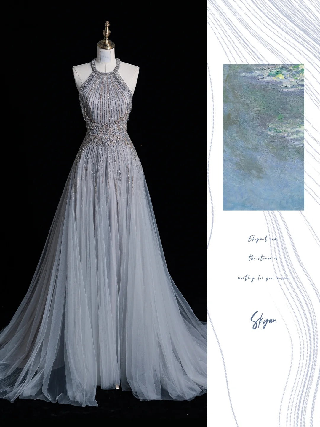 Robe de bal longue en tulle gris argenté à paillettes, coupe trapèze et décolleté rond - Inspiration pour une tenue de 19e anniversaire - Robe de soirée N527