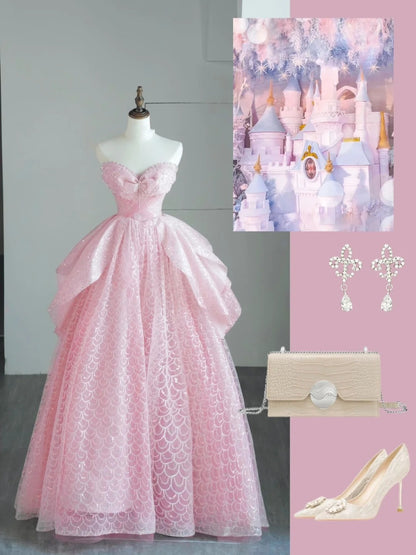 Robe de bal longue en tulle rose à décolleté cœur, inspiration pour un 19e anniversaire, robe de soirée N528