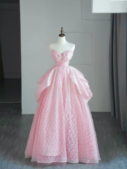 Robe de bal longue en tulle rose à décolleté cœur, inspiration pour un 19e anniversaire, robe de soirée N528