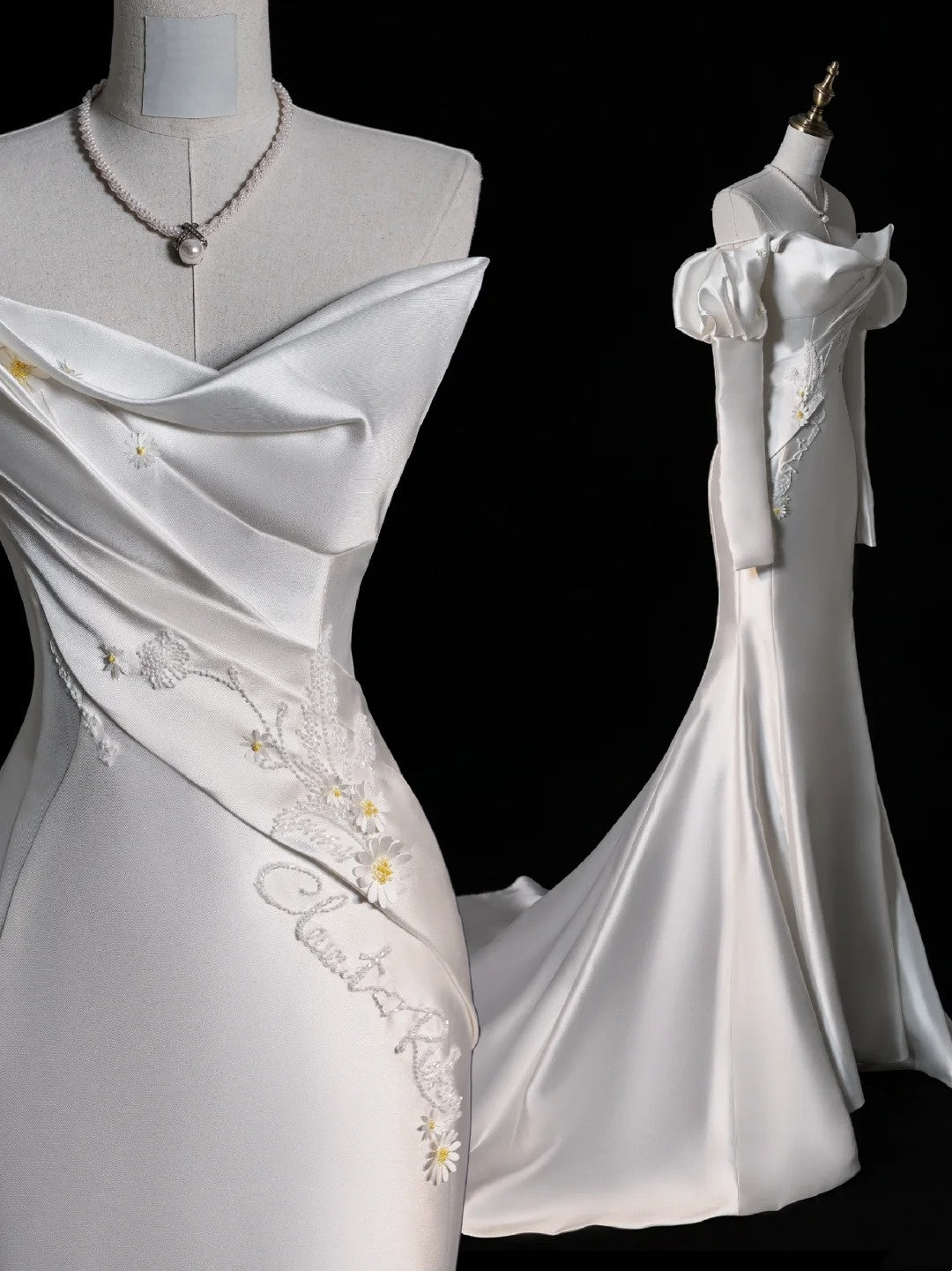 Robe de mariée sirène blanche à manches longues en satin, style féerique, décolleté cœur, N513