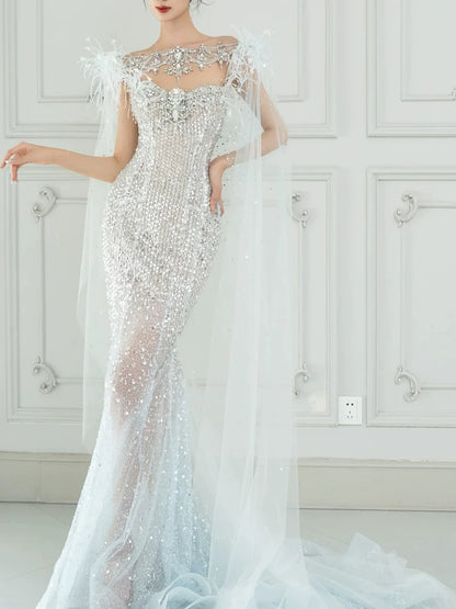 Robe de soirée sirène luxueuse à sequins avec cape, robe de bal longue pour les fêtes, tenue pour un 19e anniversaire AB2326