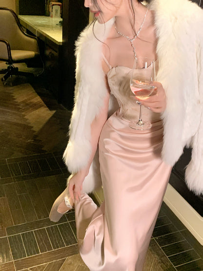 Robe de bal sirène sexy à fines bretelles en satin rose, robe d'invitée de mariage, tenue pour un 20e anniversaire AB2464