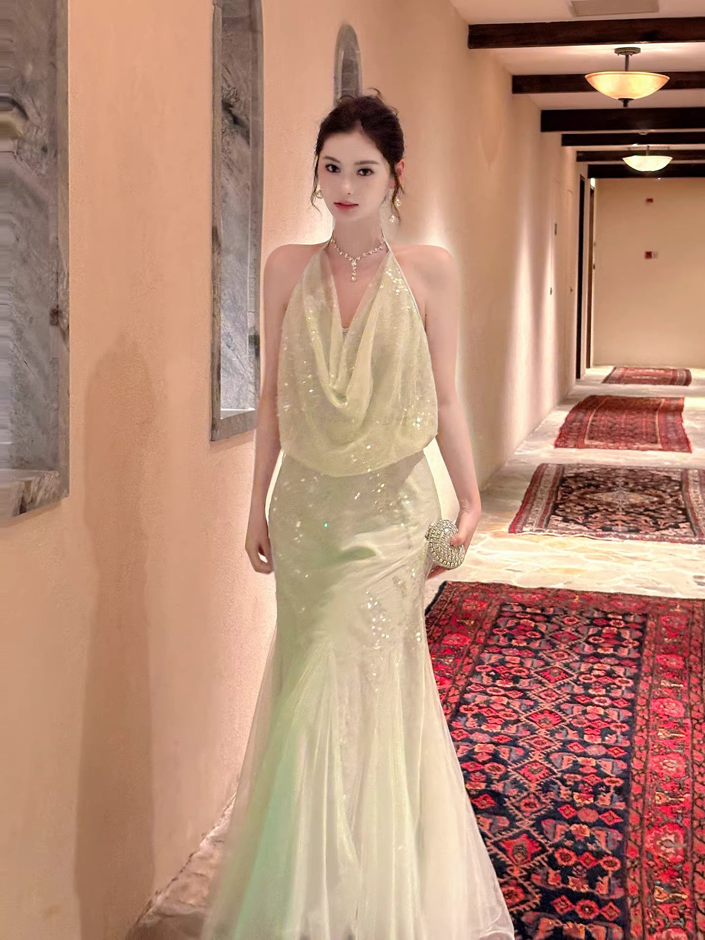 Robe de bal sirène sexy à sequins vert menthe, dos nu, longueur cheville, robe d'invitée de mariage, tenue pour un 20e anniversaire AB2479