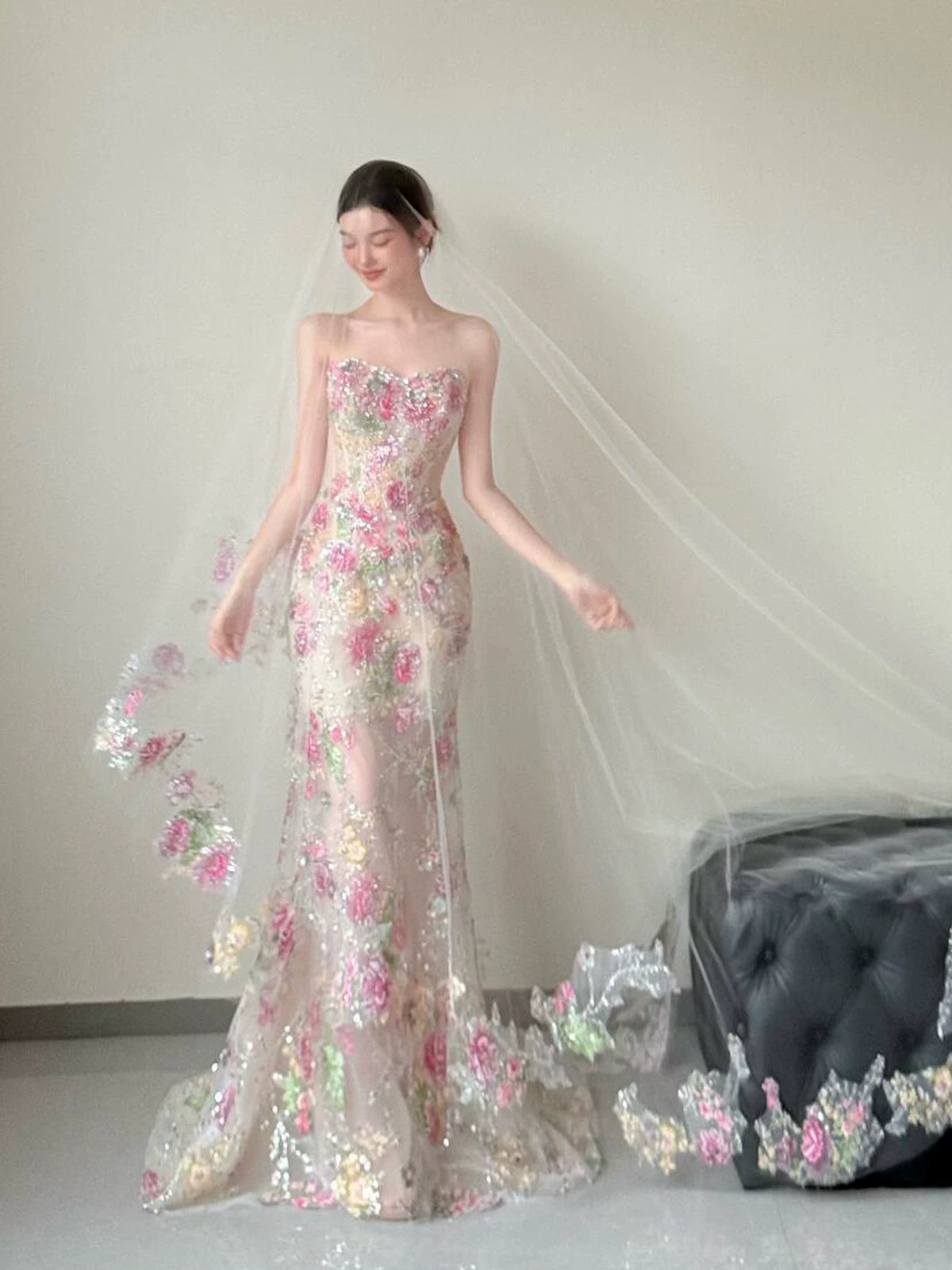 Robe de bal longue sirène bustier en dentelle florale élégante, tenue de soirée dansante, robe de soirée AB2201