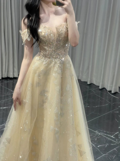 Elegantes, schulterfreies, langes Paillettenkleid in A-Linie mit kurzen Ärmeln, perfekt für Ball, Tanzabend und Party (AB2200)