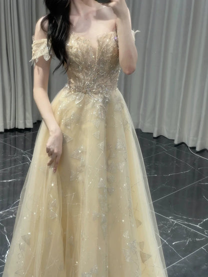 Elegantes, schulterfreies, langes Paillettenkleid in A-Linie mit kurzen Ärmeln, perfekt für Ball, Tanzabend und Party (AB2200)