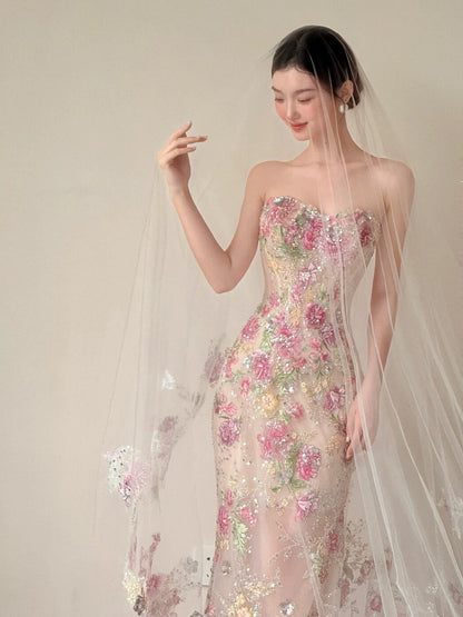 Robe de bal longue sirène bustier en dentelle florale élégante, tenue de soirée dansante, robe de soirée AB2201