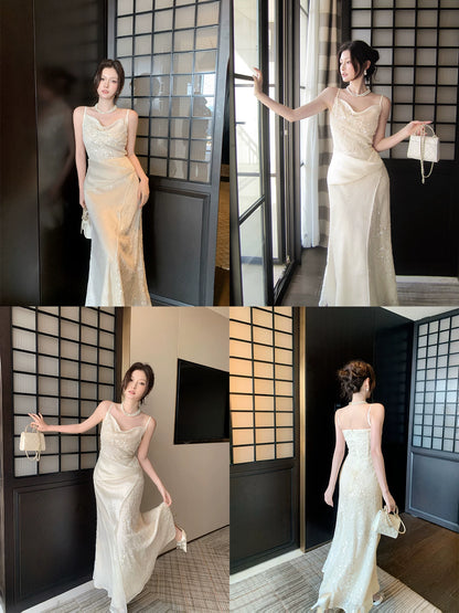 Robe de bal sirène élégante à fines bretelles en dentelle et mousseline, longueur cheville, idéale pour une soirée d'anniversaire ou une fête de 16 ans (AB2420)