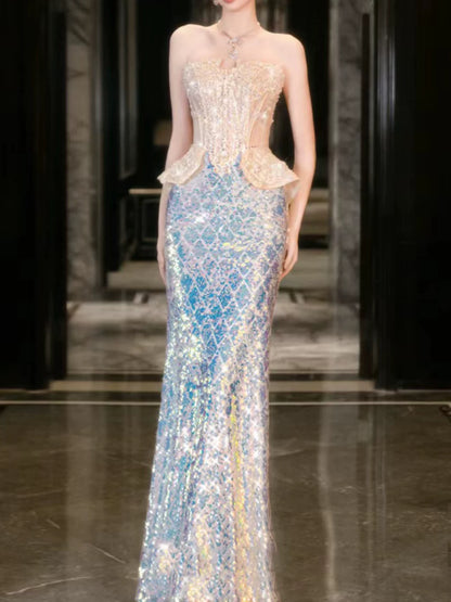 Robe de bal sirène bustier à sequins champagne, inspiration robe de soirée longue, tenue pour un 21e anniversaire AB2291