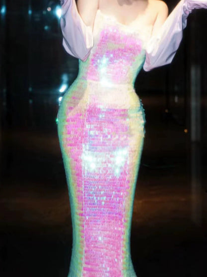Robe de soirée sirène scintillante sans bretelles à sequins, robe de bal longue, tenue de fête pour un 21e anniversaire AB2315