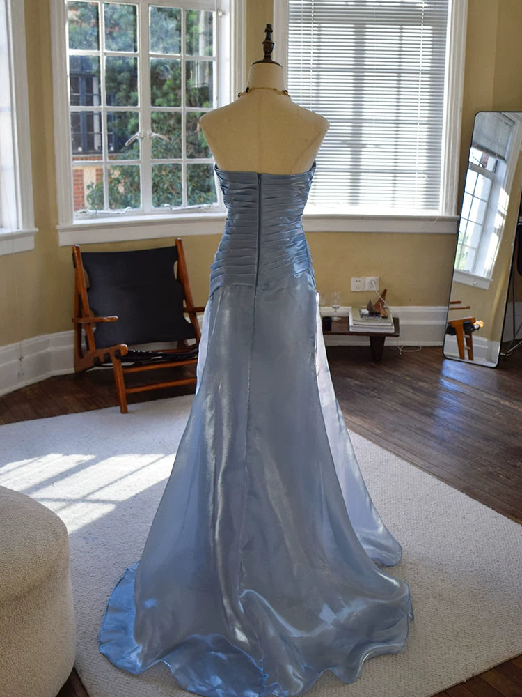 Robe de bal longue bleue sirène vintage sans bretelles avec plis, inspiration robe de soirée, tenue pour un 18e anniversaire AB2369
