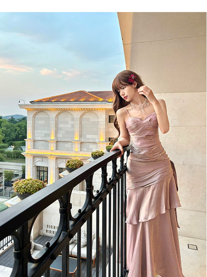 Elegantes, langes, rosafarbenes Meerjungfrauen-Abendkleid mit Spaghettiträgern – perfekt für Highschool-Teenager, Abschlussball, Tanzparty (AB2512)