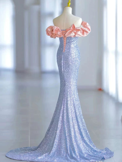 Robe de bal sirène élégante à épaules dénudées et sequins bleus, inspiration robe de soirée longue pour un 19e anniversaire AB2299