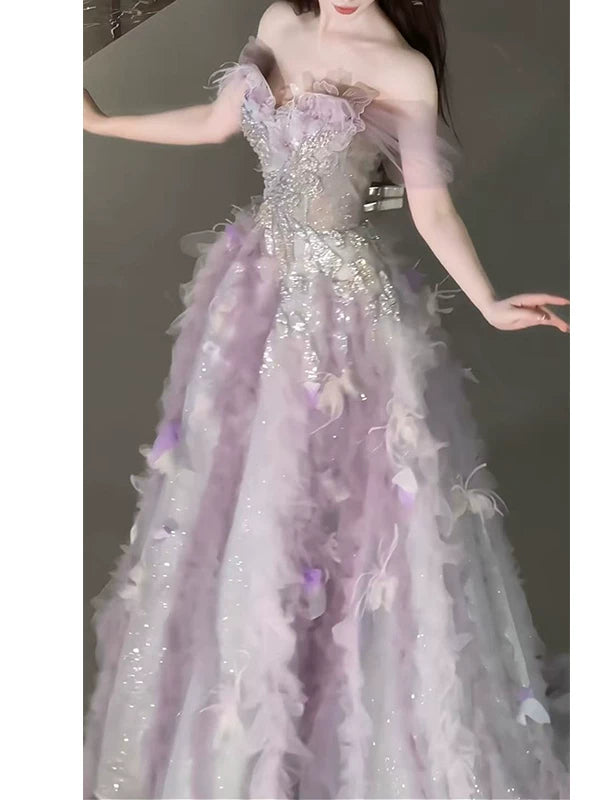 Robe de bal rose en tulle à épaules dénudées, inspiration pour une longue soirée ou un anniversaire (20 ans) AB2238