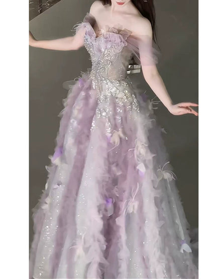 Robe de bal rose en tulle à épaules dénudées, inspiration pour une longue soirée ou un anniversaire (20 ans) AB2238