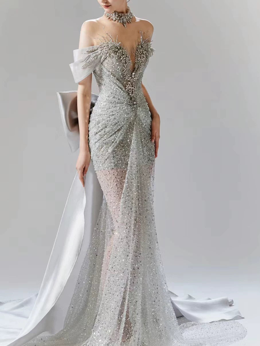 Robe de soirée sirène gris argenté vintage, épaules dénudées, ornée de perles, robe de bal longue, tenue d'anniversaire AB2314