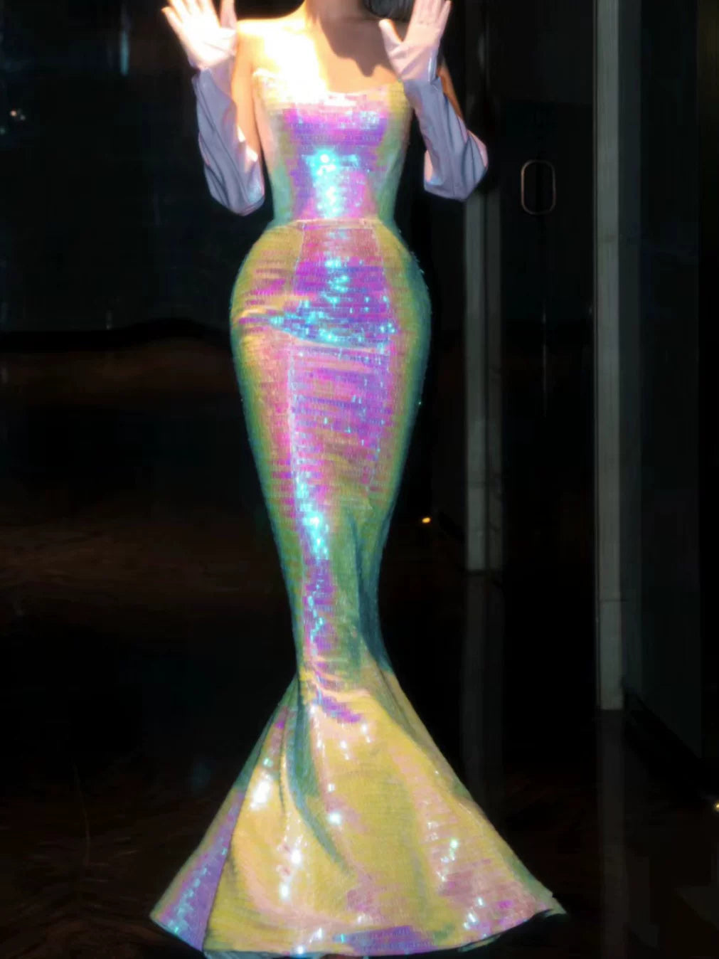 Robe de soirée sirène scintillante sans bretelles à sequins, robe de bal longue, tenue de fête pour un 21e anniversaire AB2315