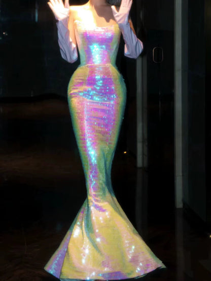 Robe de soirée sirène scintillante sans bretelles à sequins, robe de bal longue, tenue de fête pour un 21e anniversaire AB2315