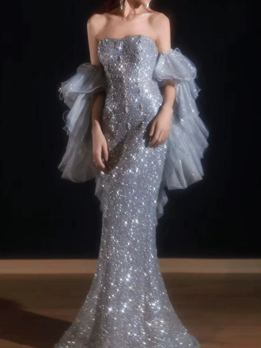 Sparkly Mermaid Evening Dress Strapless Silver Gray Sequins Prom Dress Long Party Dress 21st Birthday Outfits AB2316