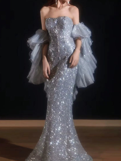 Sparkly Mermaid Evening Dress Strapless Silver Gray Sequins Prom Dress Long Party Dress 21st Birthday Outfits AB2316