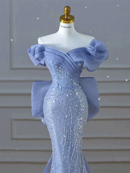 Robe de bal modeste, style sirène, épaules dénudées, bleue, inspiration style, manches courtes, robe de soirée longue AB2333
