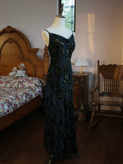 Robe de bal sirène vintage années 1960, bretelles spaghetti, en mousseline noire, inspiration robe de soirée longue, tenue pour un 18e anniversaire AB2387