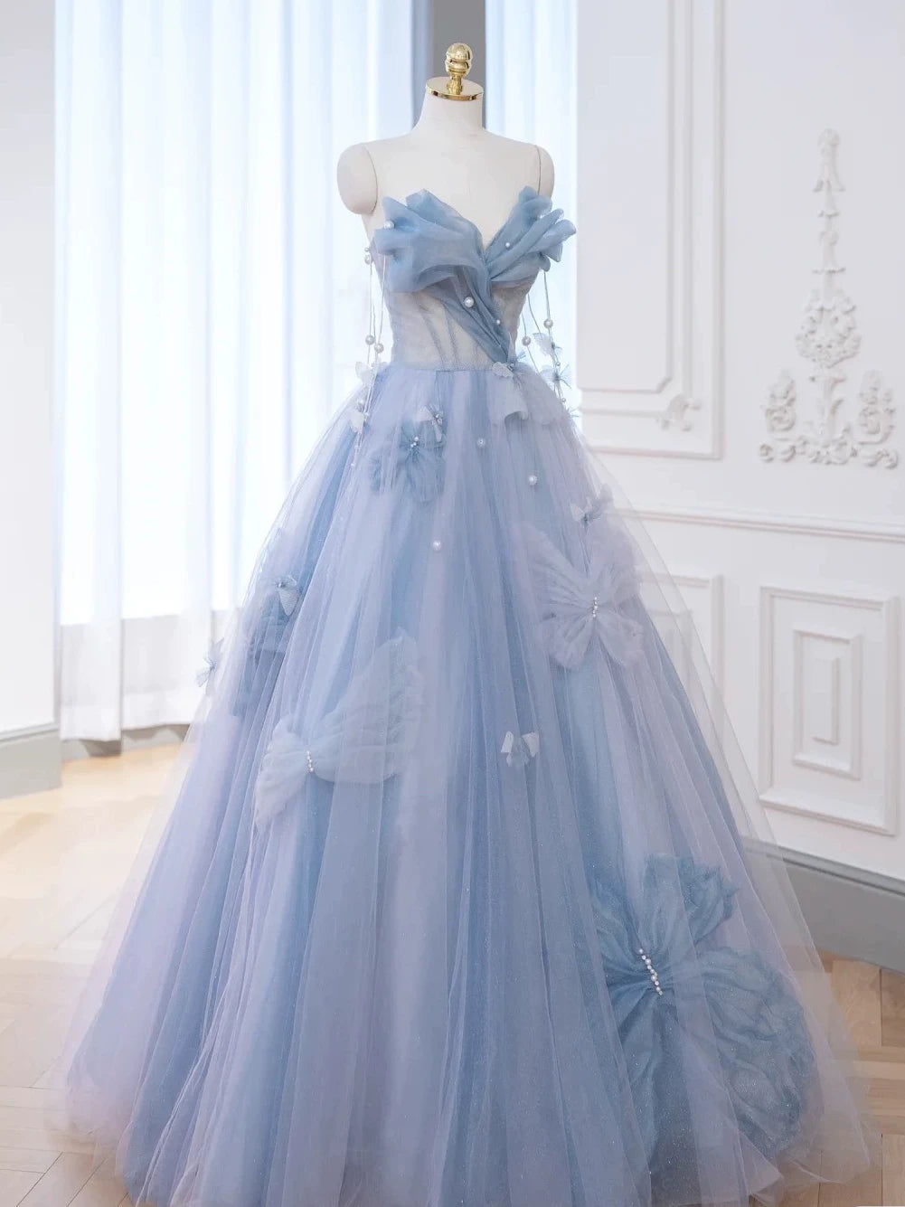 Robe de bal élégante en tulle bleu à décolleté cœur, longue robe de soirée formelle AB2318