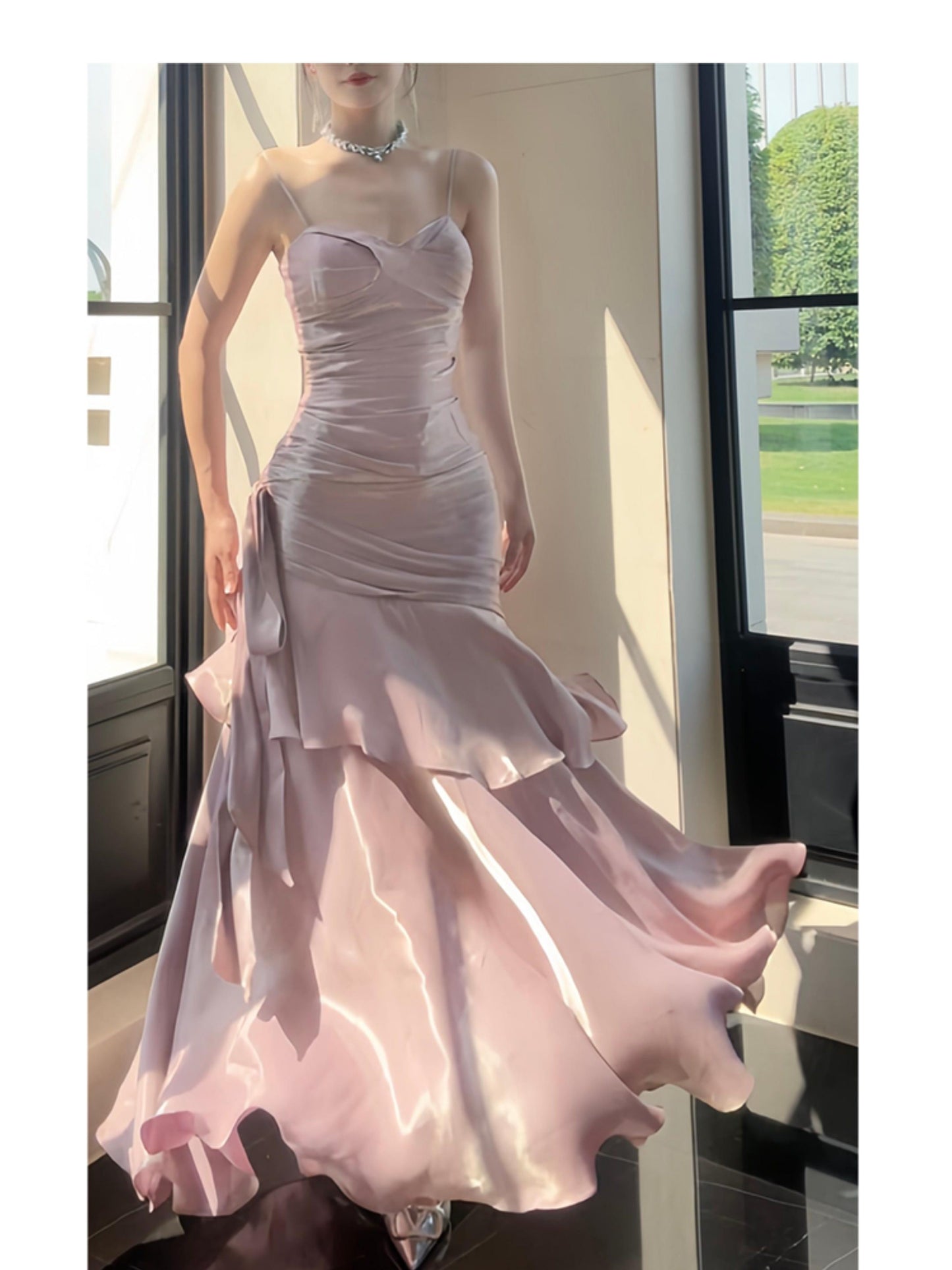 Elegantes, langes, rosafarbenes Meerjungfrauen-Abendkleid mit Spaghettiträgern – perfekt für Highschool-Teenager, Abschlussball, Tanzparty (AB2512)