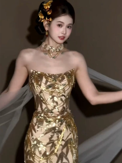 Robe de bal longue sirène à paillettes dorées sans bretelles, sans bretelles, idéale pour les soirées dansantes et les fêtes (AB2205)