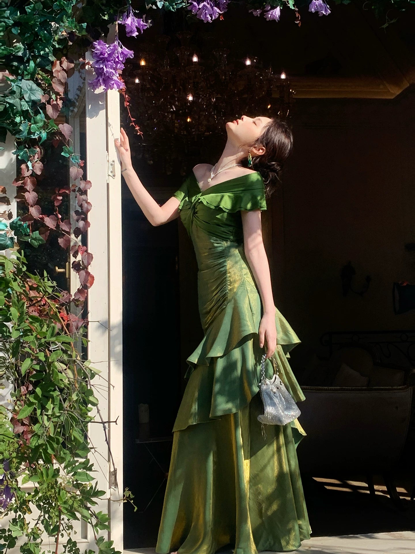 Robe de bal longue verte élégante à épaules dénudées, style sirène, idéale pour une soirée d'anniversaire ou une fête de 16 ans (AB2450)
