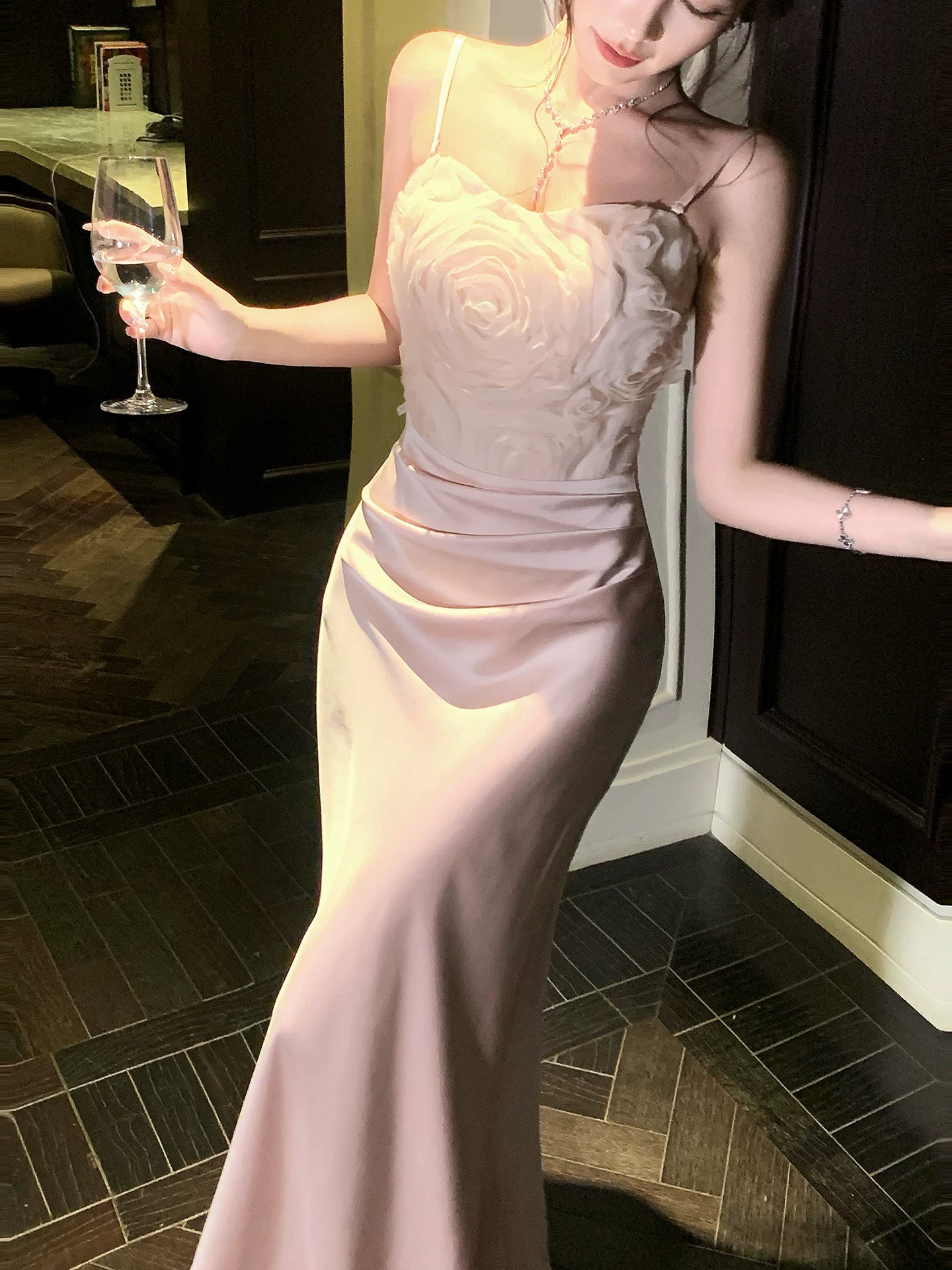 Robe de bal sirène sexy à fines bretelles en satin rose, robe d'invitée de mariage, tenue pour un 20e anniversaire AB2464