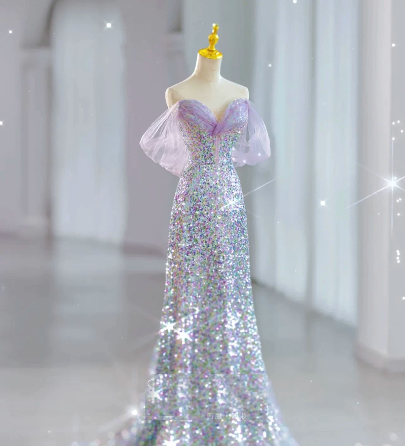 Robe de bal sirène modeste à épaules dénudées et sequins lilas, inspiration robe de soirée longue pour un 19e anniversaire AB2319