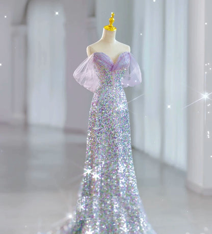 Robe de bal sirène modeste à épaules dénudées et sequins lilas, inspiration robe de soirée longue pour un 19e anniversaire AB2319