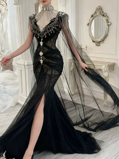 Robe de bal modeste, inspiration sirène, col en V, tulle noir, manches longues, cape, robe de soirée longue AB2337