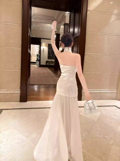 Robe de bal élégante sirène ivoire longueur cheville, dos nu, tenue pour une soirée d'anniversaire ou un 17e anniversaire AB2484
