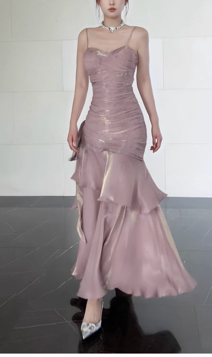 Elegantes, langes, rosafarbenes Meerjungfrauen-Abendkleid mit Spaghettiträgern – perfekt für Highschool-Teenager, Abschlussball, Tanzparty (AB2512)
