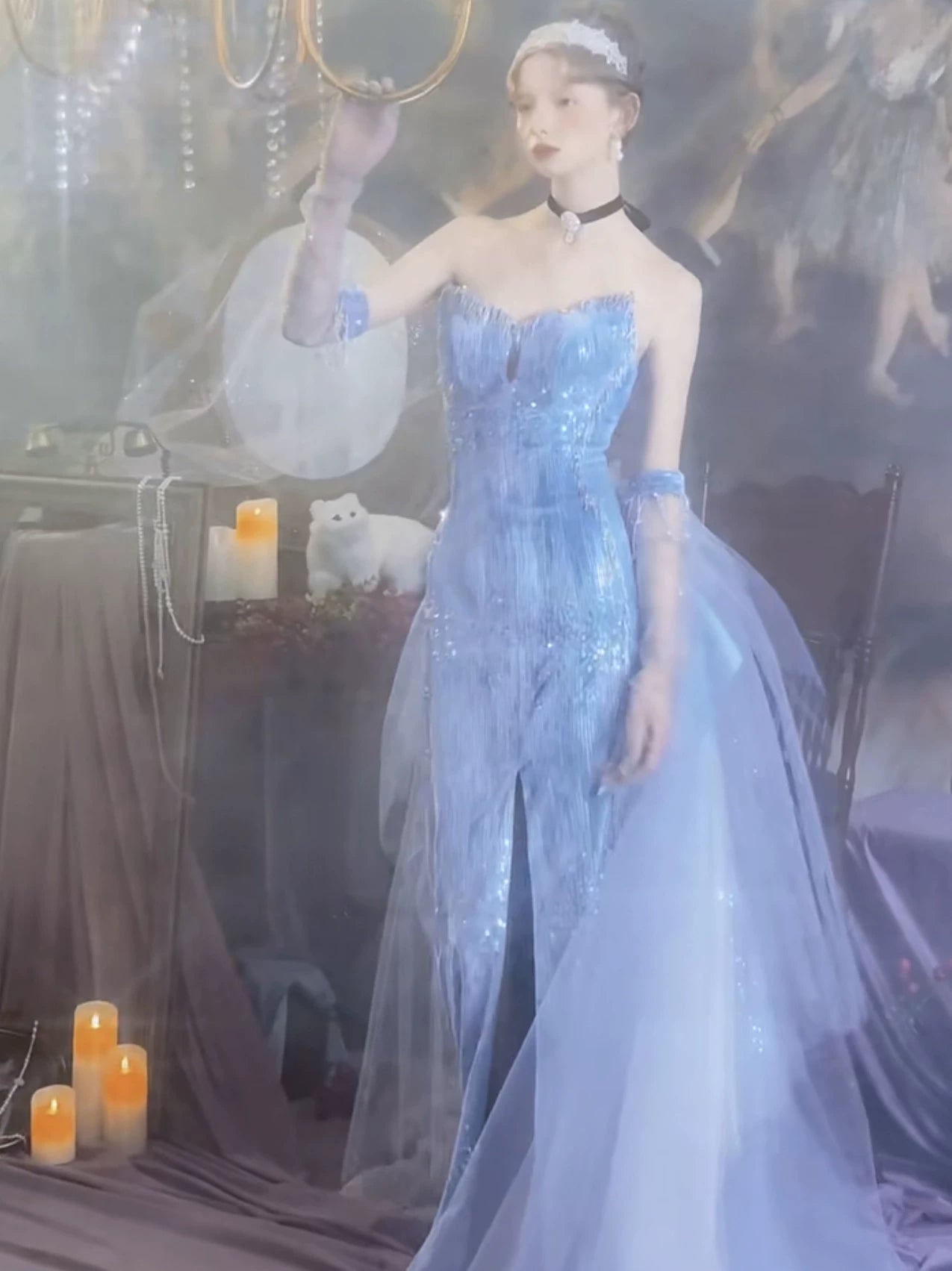 Robe de bal longue sirène scintillante à sequins en forme de cœur et fente, inspiration robe de soirée longue, tenue pour un 20e anniversaire AB2302