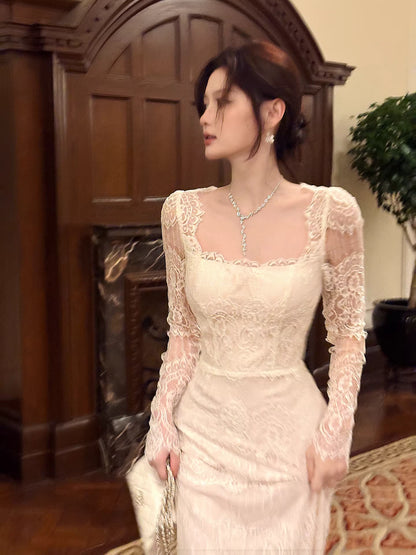 Robe de bal sirène sexy, col carré, dentelle blanche, manches longues, longueur cheville, robe d'invitée de mariage, tenue pour un 22e anniversaire AB2491
