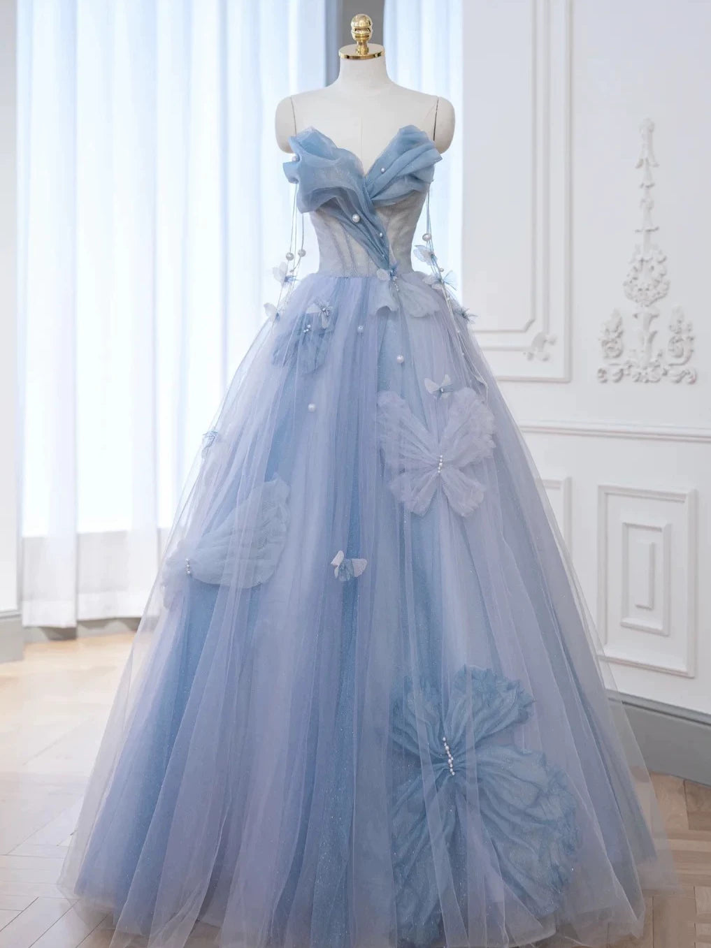 Robe de bal élégante en tulle bleu à décolleté cœur, longue robe de soirée formelle AB2318