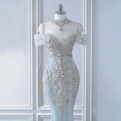 Glitzerndes Meerjungfrauen-Abendkleid, schulterfrei, Pailletten, langes Ballkleid, Partykleid, Outfit zum 21. Geburtstag AB2321