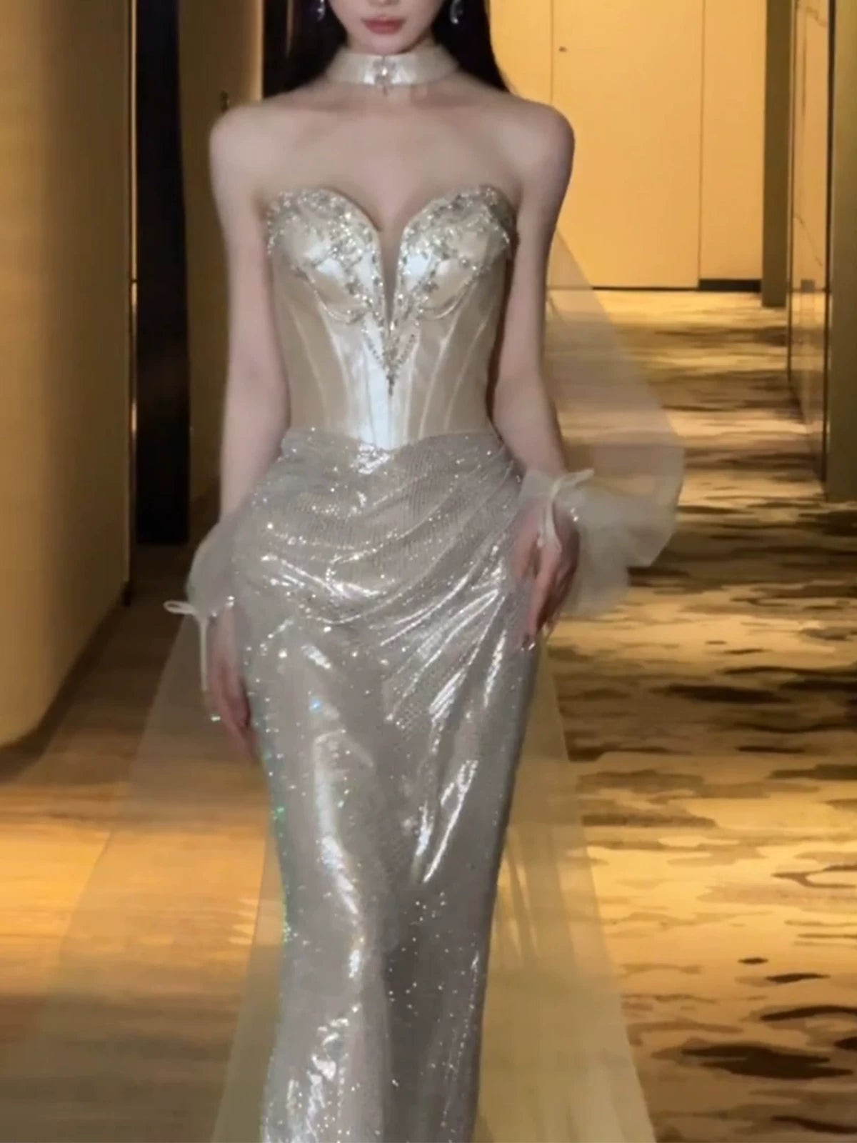 Sexy Mermaid Sweetheart Sequins Champagne Long Formal Prom Dresses Dance Night Outfits Party Gowns AB2204
