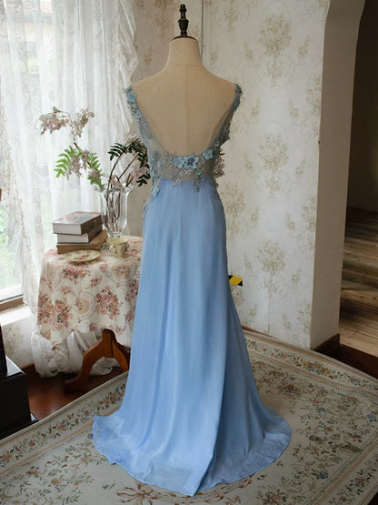 Robe de bal longue bleue en mousseline, col V, style sirène, années 90, inspiration rétro pour une soirée d'anniversaire (21 ans) AB2376