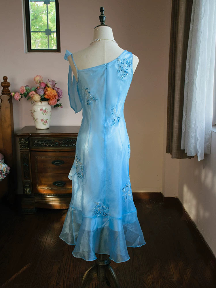 Robe de bal vintage années 80, bleu sirène, longueur genou, ornée de perles, inspiration soirée, tenue pour un 18e anniversaire AB2373
