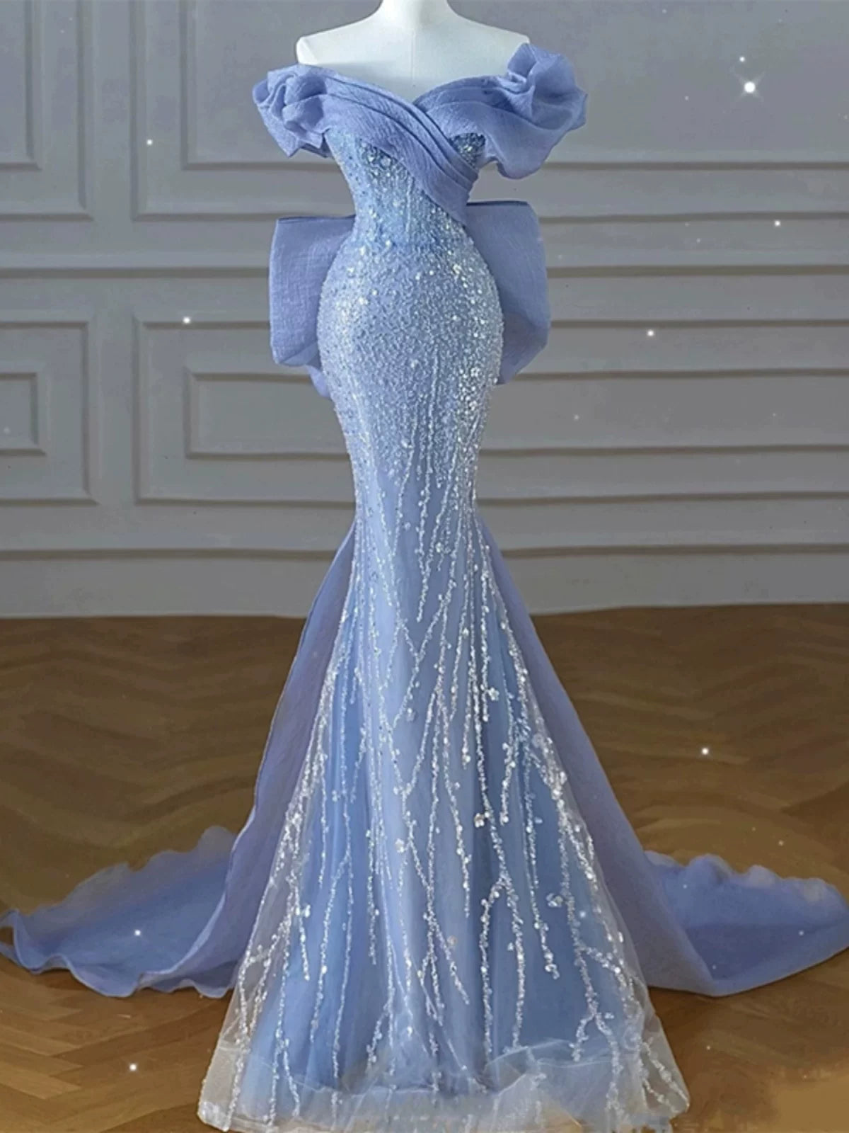 Robe de bal modeste, style sirène, épaules dénudées, bleue, inspiration style, manches courtes, robe de soirée longue AB2333