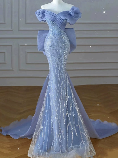 Robe de bal modeste, style sirène, épaules dénudées, bleue, inspiration style, manches courtes, robe de soirée longue AB2333