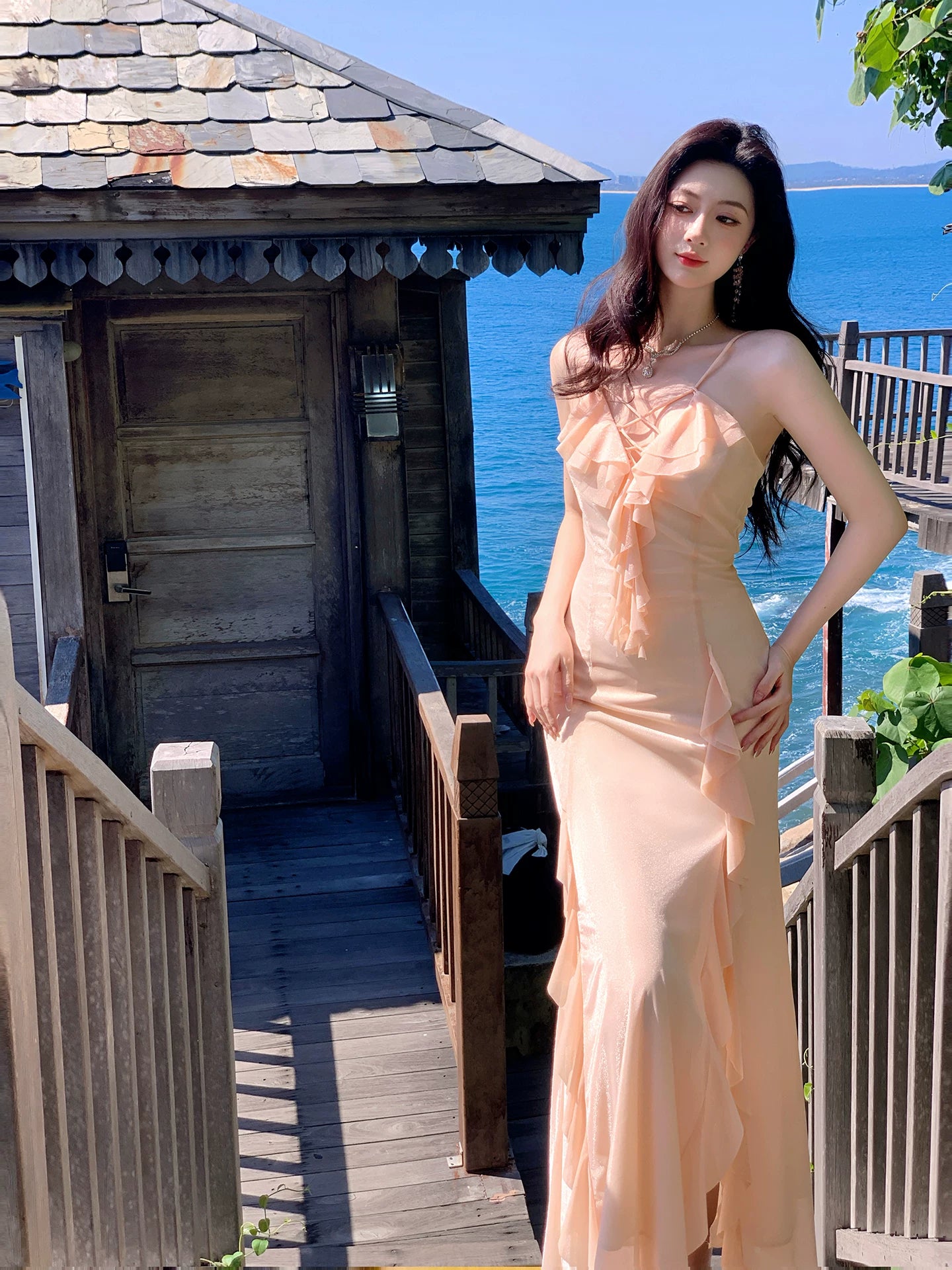 Robe de bal sirène rose corail à fines bretelles, longue, pour anniversaire AB2411